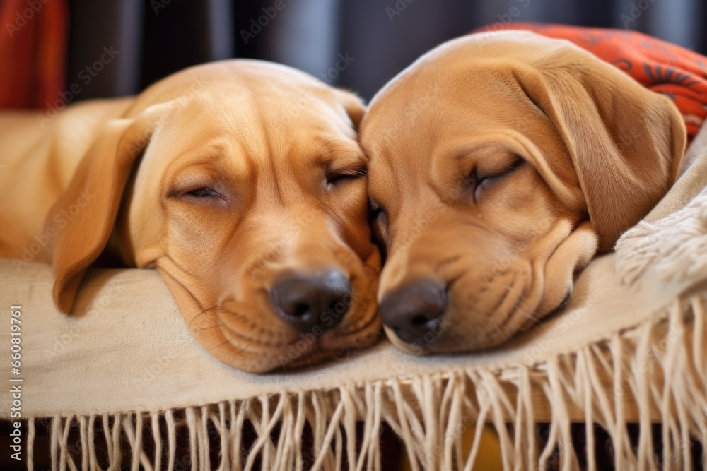 labrador retriever siblings sleeping with entwined tails