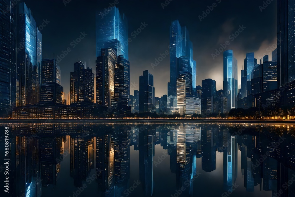 A cityscape at night, with illuminated skyscrapers and reflections in a calm river.