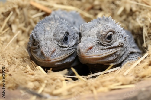 twin iguana hatchlings basking together