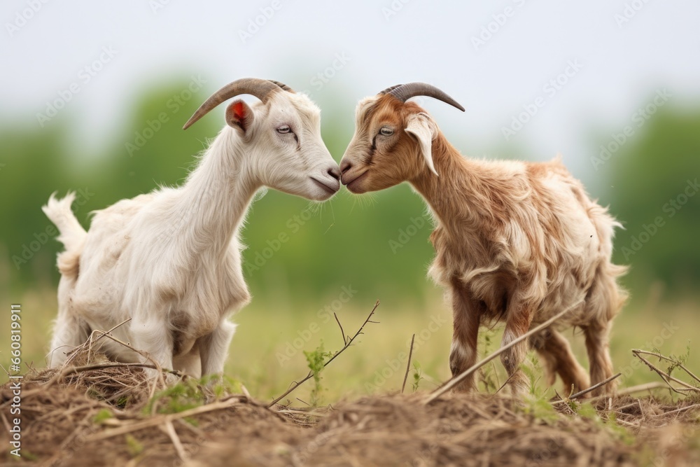 pair of young goats butting heads in a field pair of young goats butting heads in a field