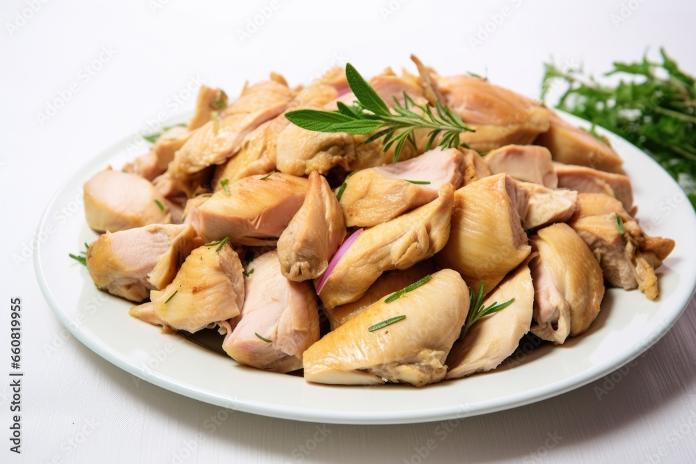 cooked chicken pieces arranged on a white dish cooked chicken pieces arranged on a white dish