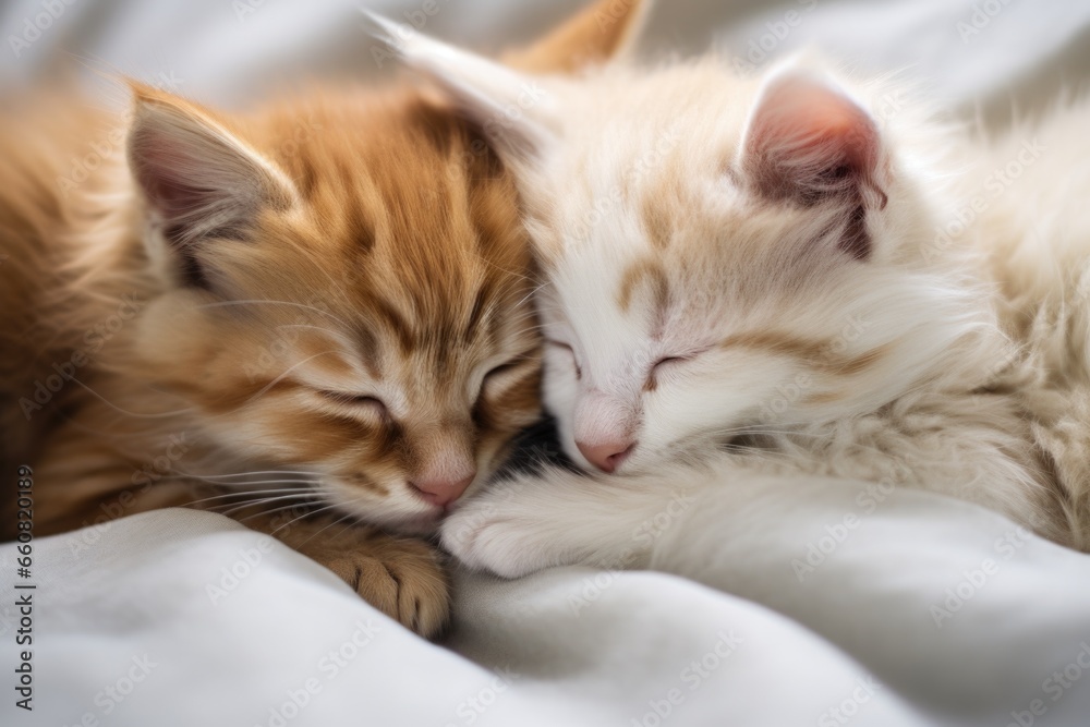 two kittens curled up, sleeping together