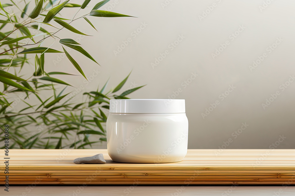 Mock up with cream jar without label on a wooden table, in a cozy environment