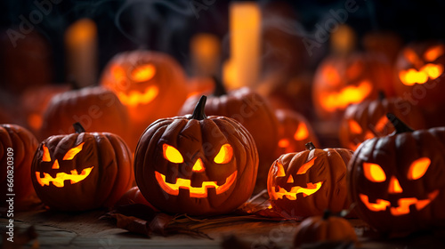Creepy three pumpkins with evil smiling grinning Jack o lanterns faces make up Halloween holiday, background with lights