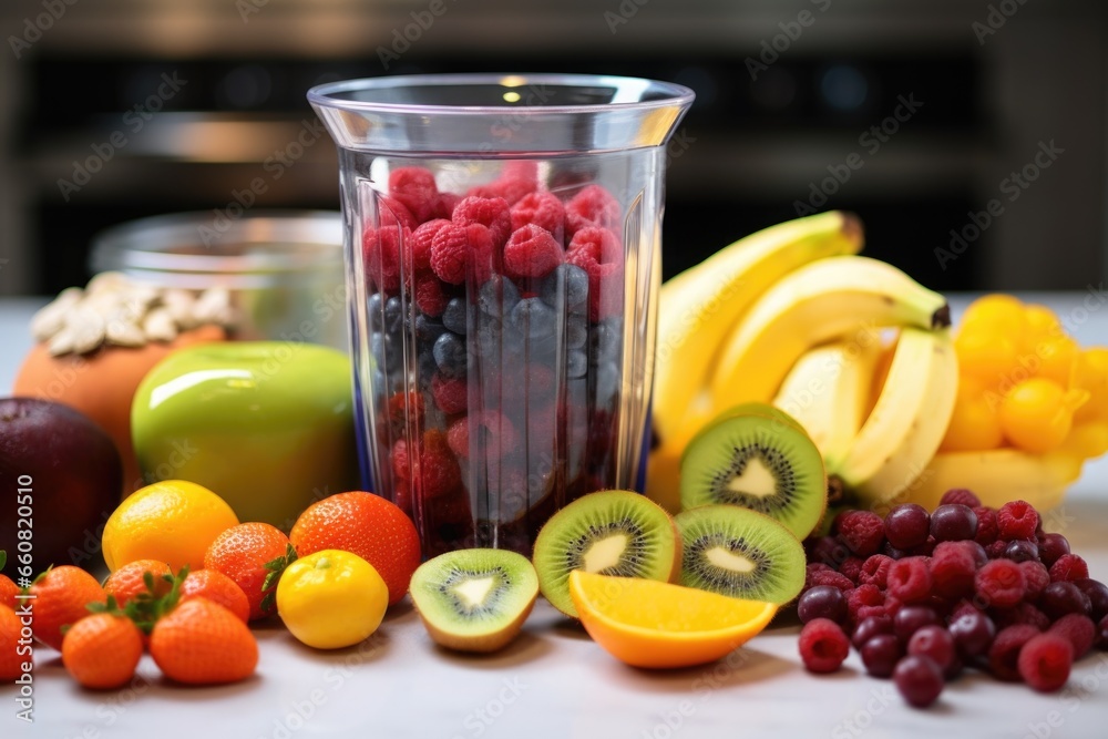 smoothie made in a blender with fruits around it smoothie made in a blender with fruits around it