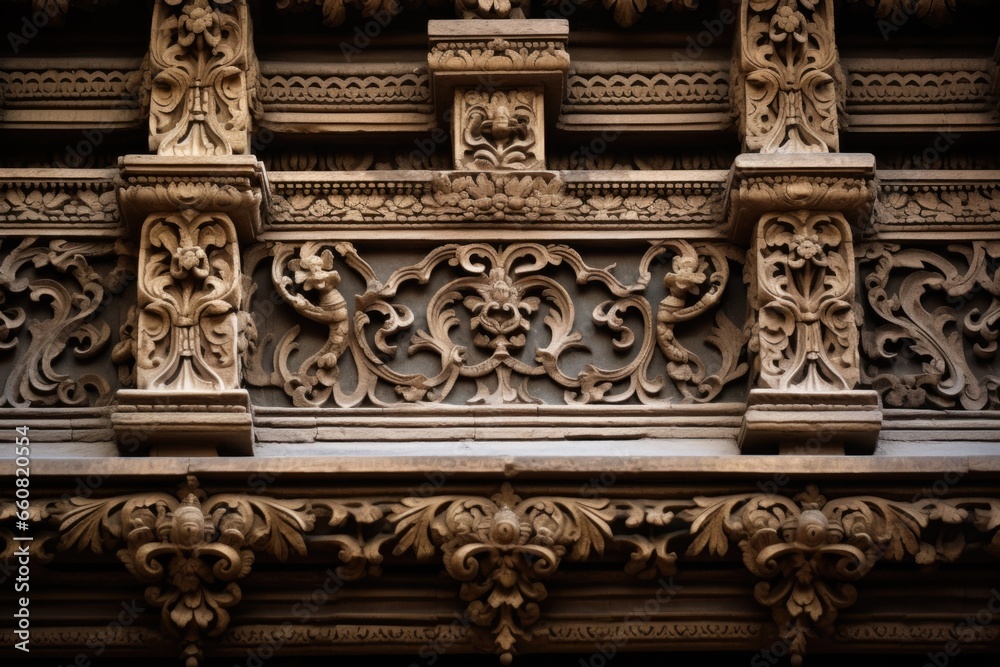 close-up of ornate carvings in a hindu temple