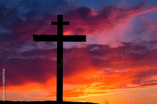 the silhouette of a cross against a colorful sunset sky
