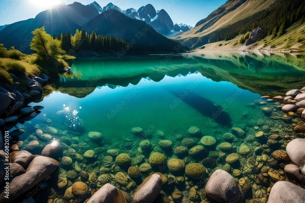  A mountain lake with crystal-clear water, tranquil, calm