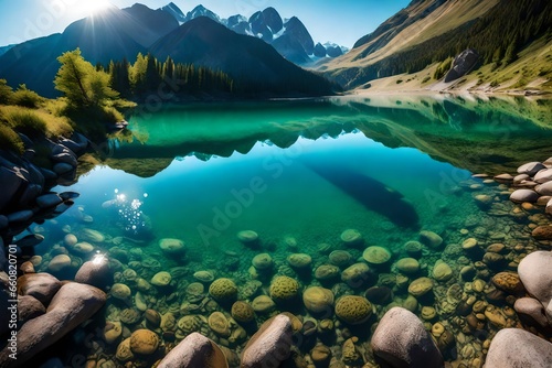  A mountain lake with crystal-clear water  tranquil  calm