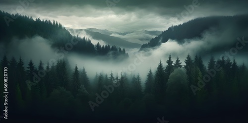 Misty landscape with fir forest in vintage retro style. Generative AI  © Artwork Vector