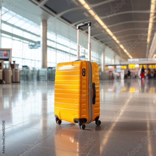 Tourist yellow suitcase at floor airport on background, bright luggage waiting in departure lounge hall of airport, vacation trip concept