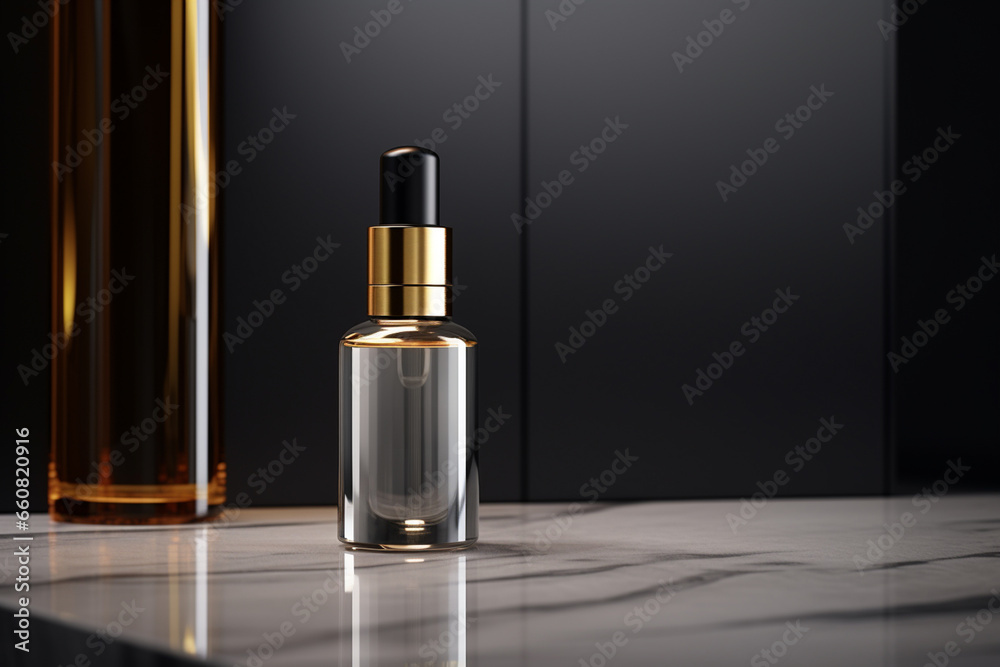 Mockup of elegant dropper bottle on a minimalist studio background Mockup of elegant dropper bottle on a minimalist studio background