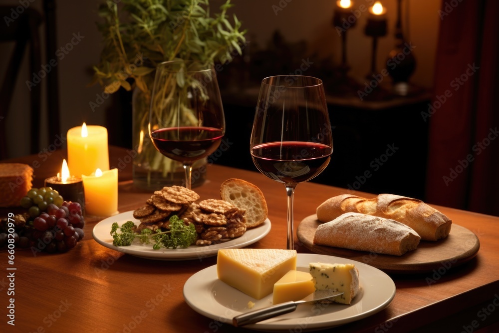 table set for two with wine, bread, and cheese table set for two with wine, bread, and cheese