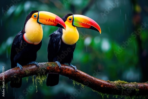 Two keeled toucan, Ramphastos sulfuratus sitting on a branch in the rain forest of Costa Rica. Wild nature.