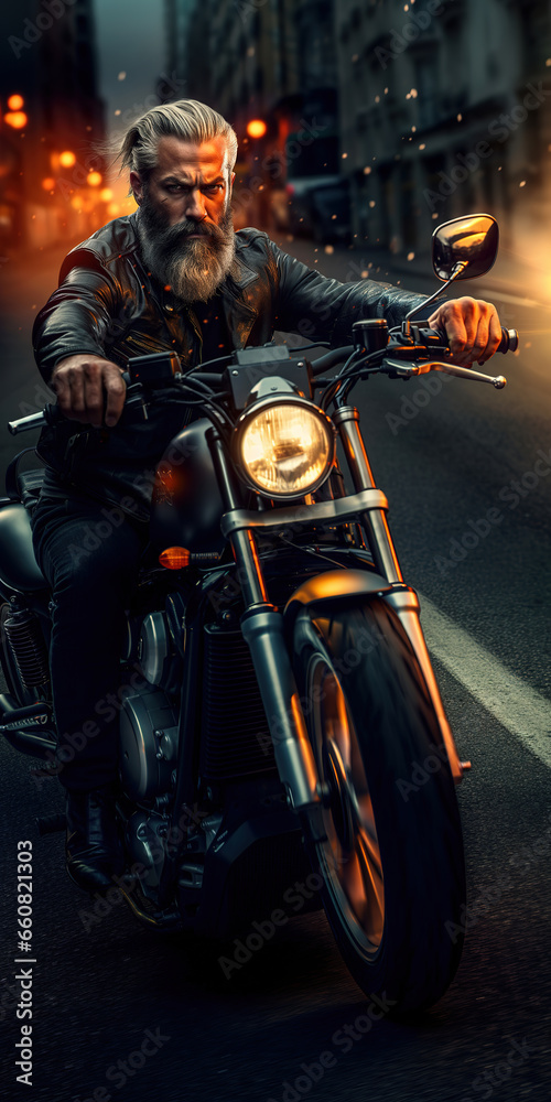 Confidence bearded biker on the black chopper at the street in the night. Photorealistic illustration generated by Ai