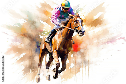 Horse racing. A jockey riding a horse, beautiful watercolor painting © Cheport