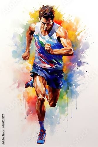 A silhouette of the runner. Watercolor illustration with abstract smudge and spatter. Generative art