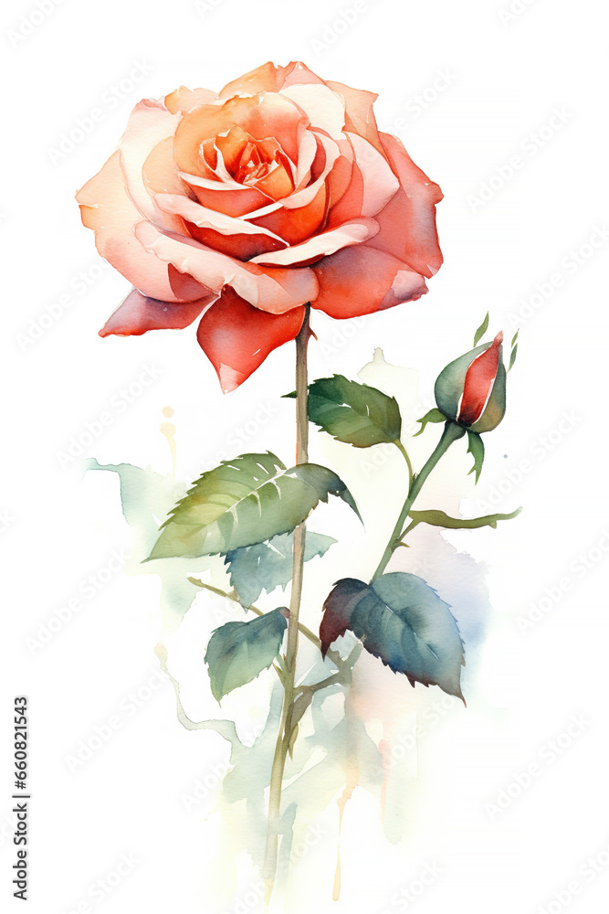 Obraz premium Red rose, watercolor background, isolated on white background