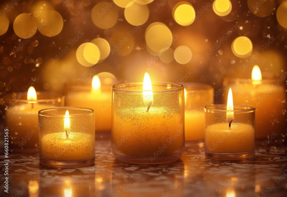 	
Lit candles and defocused golden bokeh on the background