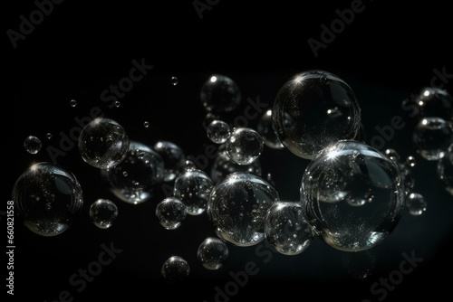 Multiple bubbles-floating on black background with reflections. Bubbly, airy, reflective, black, floating, air, light, bottom. Generative AI