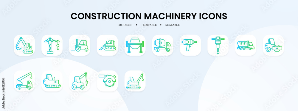Construction machinery icon collection with blue and green gradient outline style. construction, machinery, equipment, truck, set, industrial, industry. Vector illustration Construction machinery icon collection with blue and green gradient outline style. construction, machinery, equipment, truck, set, industrial, industry. Vector illustration