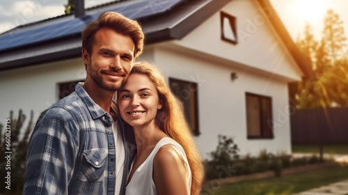 A happy couple stands smiling in the driveway of a large house with solar panels installed. generative ai