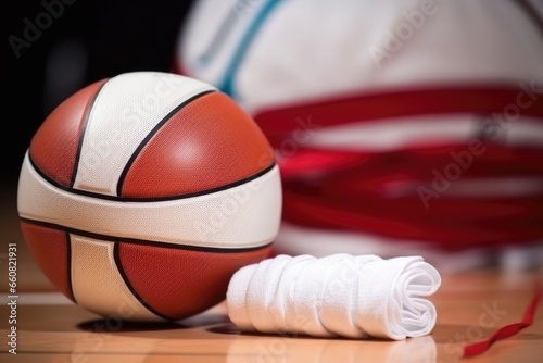 close-up of deflated volleyball next to medical bandage