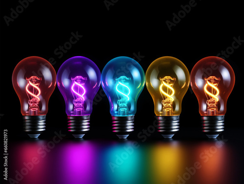 row of bright light bulbs of different colors, front view, variety of light bulbs on a dark background
