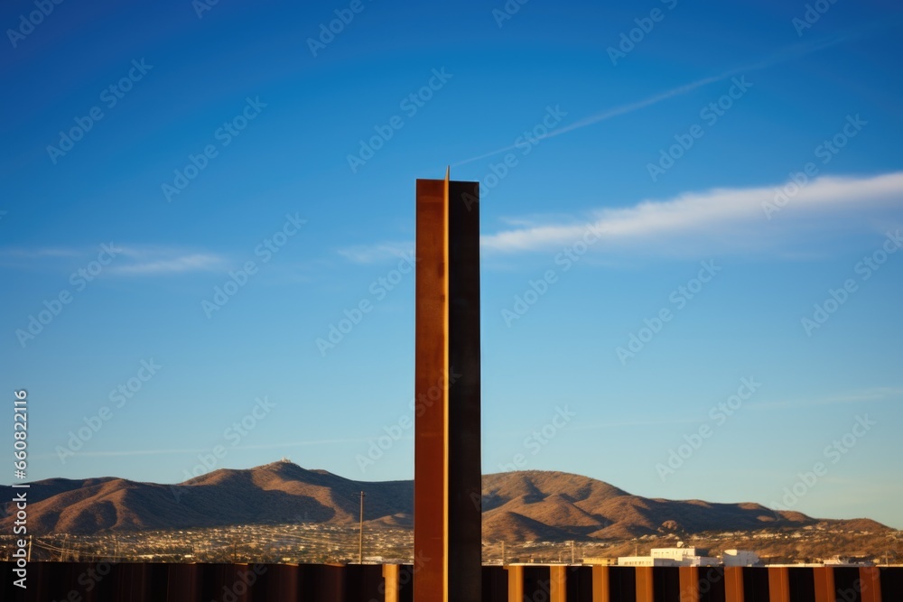 minimalist shot of a border sign, skyline in background