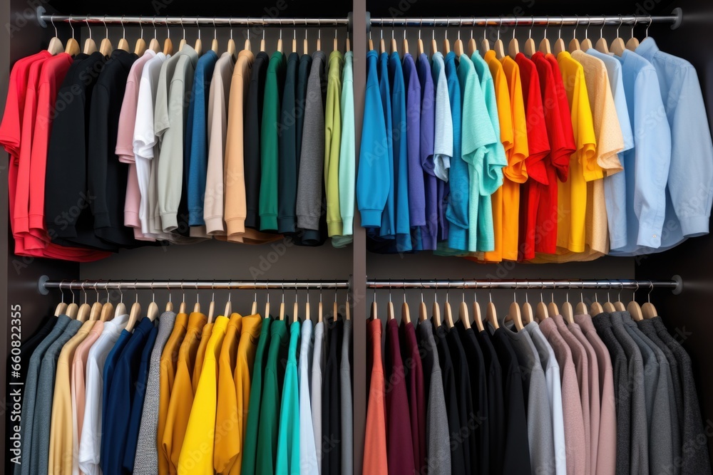 walk-in closet with color-coded hanging clothes