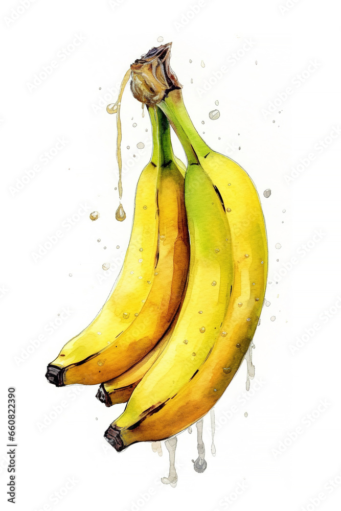 Juicy bananas on the Branch. Watercolor illustration, isolated on white background
