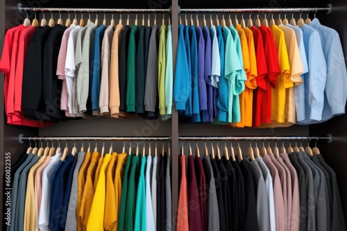 walk-in closet with color-coded hanging clothes