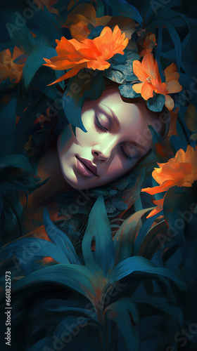 Dreamlike female portrait, floral environment, dramatic colors, beautiful fine art photo