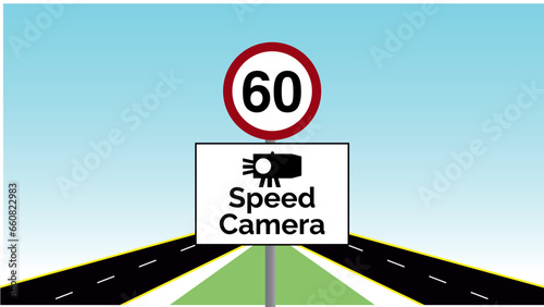 A sign indicating that speed cameras are in use on the road ahead, alongside a clear 60 Kilometers per hour speed limit sign. vector illustration
