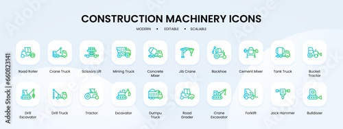 Construction machinary icon collection with blue and green gradient outline style. construction, machinery, equipment, truck, set, industrial, industry. Vector illustration