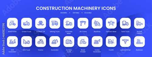 Construction machinary icon collection with black filled line outline style. construction, machinery, equipment, truck, set, industrial, industry. Vector illustration