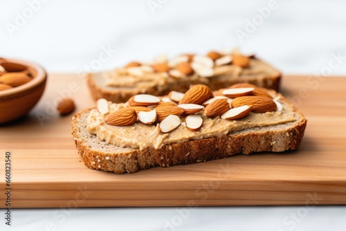 fresh almond butter on a toast slice with sliced almonds
