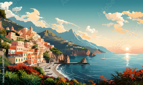 Amalfi coast scenery Italy in Illustration style, presentation pictures, Illustration, Generative AI
