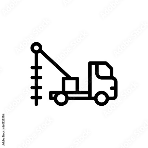Drill truck construction machinery with black outline style. industry, truck, equipment, machinery, machine, drilling, construction. Vector illustration