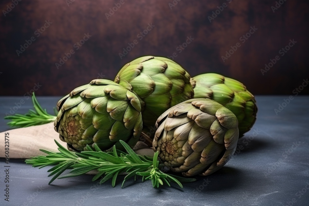 Obraz premium whole, fresh artichokes on a dark stone background