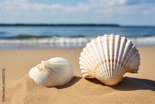 closeup of two similar-looking seashells on a beach