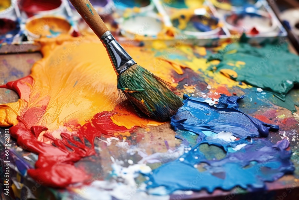 Obraz premium paintbrushes on a palette lined with various paints