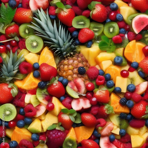 A colorful and vibrant fruit salad with a mix of tropical and seasonal fruits3