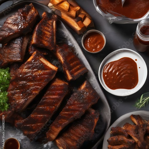 A plate of mouthwatering barbecue ribs with a smoky char and BBQ sauce1 photo