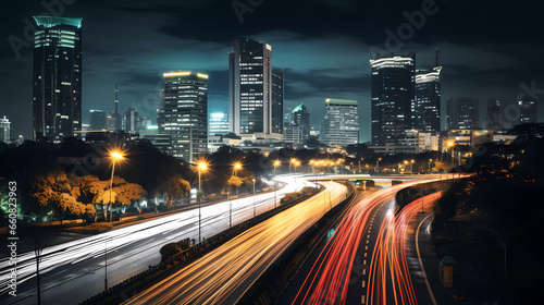 Time lapse photography of a busy road nighttime in Jakarta. Long Exposure Photography. Blurred cars light trails. Motion blur.