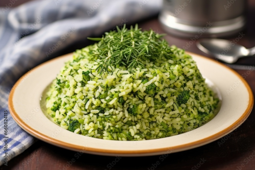 broccoli rice garnished with a sprig of thyme broccoli rice garnished with a sprig of thyme