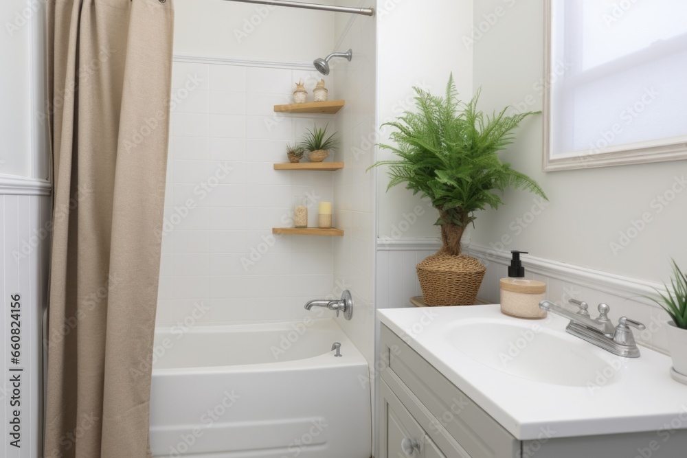 Obraz premium tiny bathroom with bathtub and shower combo