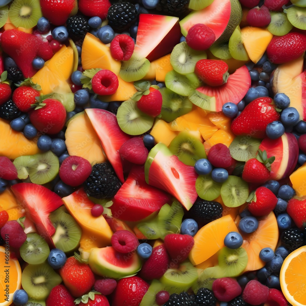 A colorful and vibrant fruit salad with a mix of tropical and seasonal fruits1