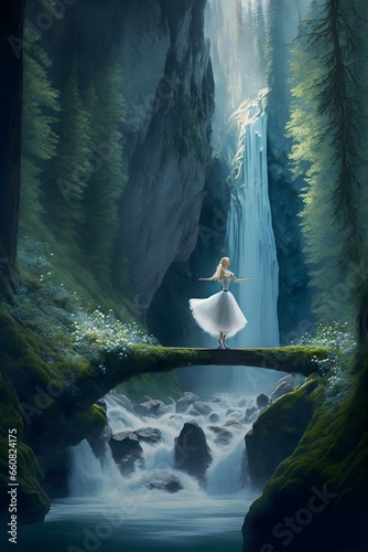 Cute Galadriel in the form of a ballerina dancing on a rock over a waterfall there are a lot of trees around greenery ultra realistic ultra HD 8k  photo