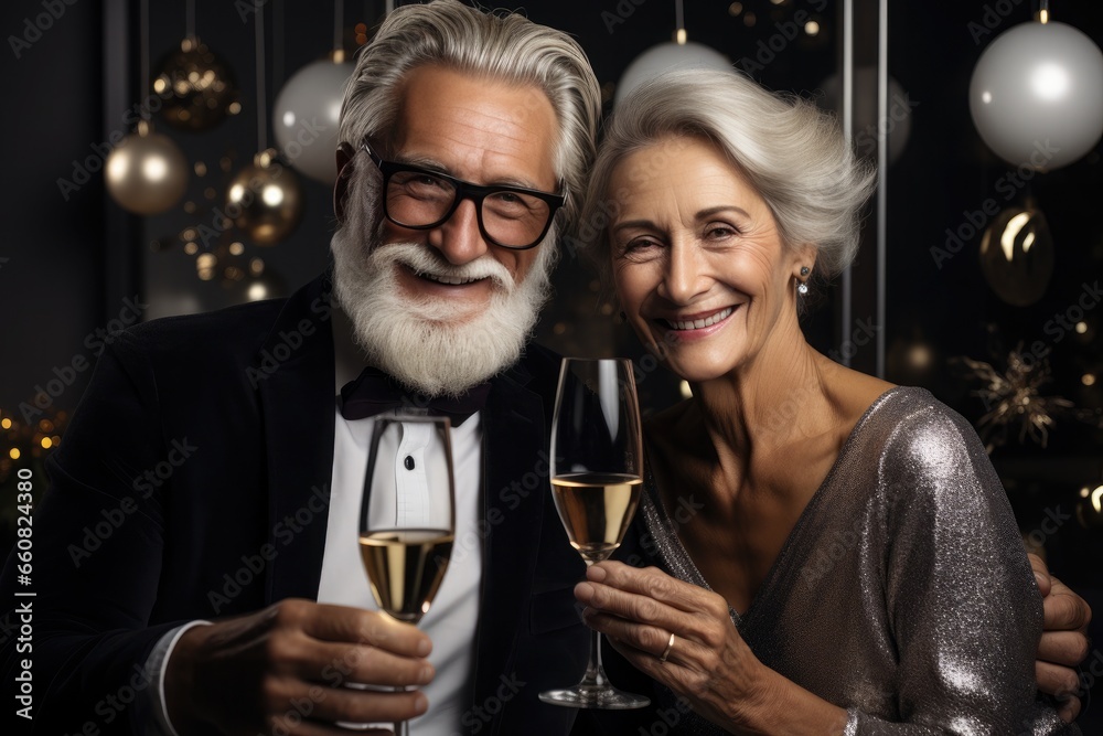 Portrait of happy gray-haired couple with champagne in hands celebrating at party.
